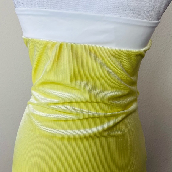 Yellow Velvet & Vinyl White Buckle Cut Out Cowl Bodycon Strapless Mini Dress - Picture 7 of 11